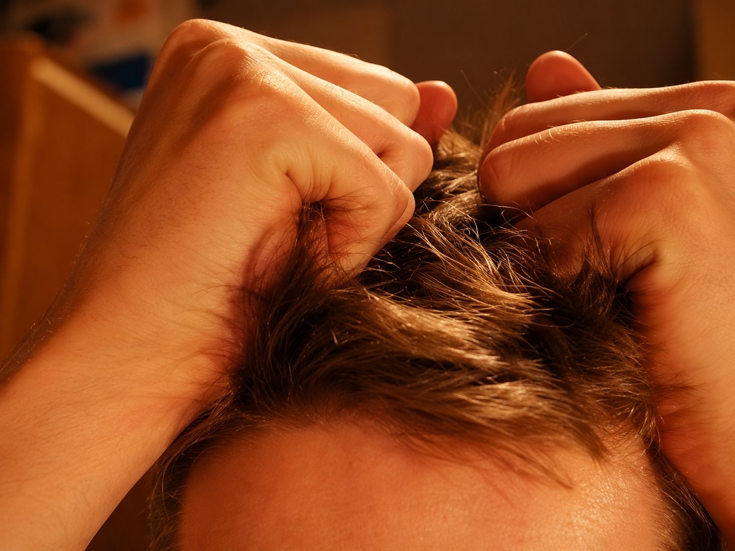 Gros plan sur deux mains qui écartent des cheveux châtains pour montrer le cuir chevelu, sur un fond chaud et flou.