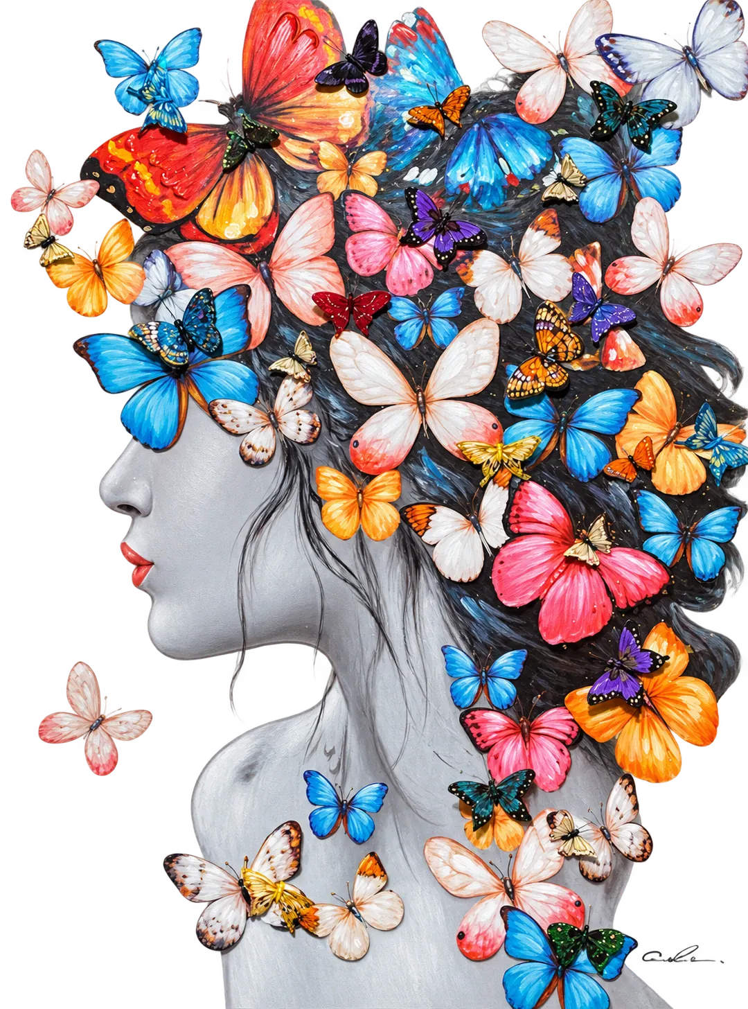 Peinture en gris d'un profil de femme dont les cheveux se transforment en une nuée de papillons colorés, bleus, roses, orange et rouges.